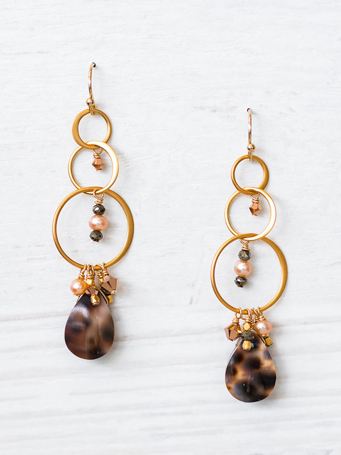 Borneo Earrings- Gold, Cowrie Shell, Pyrite, Freshwater Pearls