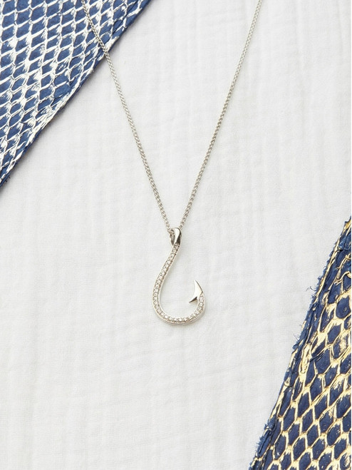 Large Diamond Fish Hook Pendant - 14KW