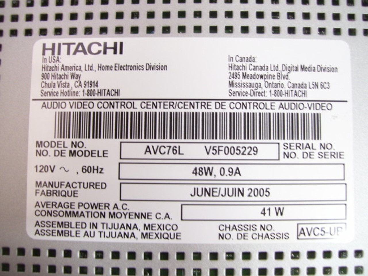 Hitachi AUDIO VIDEO ConTROL CENTER AVC76L