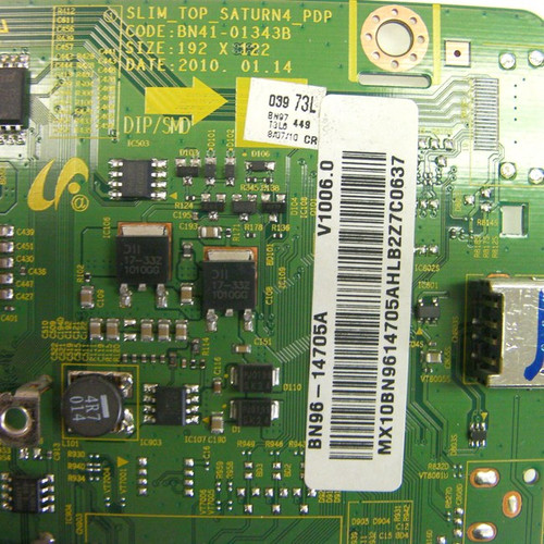 This Samsung BN96-14705A|BN41-01343B Main BD is used in PN50C430A1D. Part Number: BN96-14705A, Board Number: BN41-01343B. Type: Plasma, Main Board, 50"