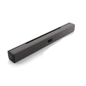 Black video conferencing soundbar viewed at an angle.