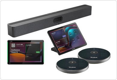 Yealink MeetingBar A50 with Two VCM36-W Wireless Tabletop Mics and Room Panel Scheduler