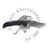 MERRIKEN KNIVES MINI ULTIMATUM TITANIUM/BLACK PVD, FAFNIR DAMASTEEL/ACID BLADE, ZIRCONIUM INLAY