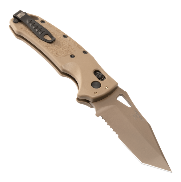 Hogue SIG K320 M17/M18 Manual Folder: 3.5" Tanto Blade (Partially Serrated) - Coyote PVD Finish, Coyote Tan Polymer Frame - 36363