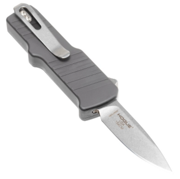 HK Micro Incursion OTF Automatic: 1.95" Clip Point Blade - Tumbled Finish, Matte Grey Aluminum Frame