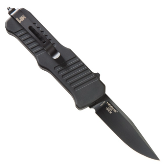 HK Mini Incursion OTF Automatic: 2.95" Clip Point Blade - Black PVD Finish, Matte Black Aluminum Frame