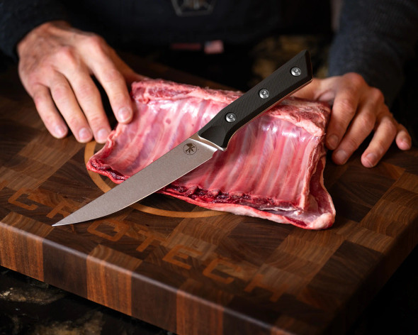 MICROTECH 3100-10BK 6.125" BONING KNIFE STONEWASH STANDARD BLACK G-10 MICROTECH 3100-10BK 6.125" BONING KNIFE STONEWASH STANDARD BLACK G-10