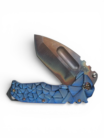 MEDFORD PRAE TI S35VN VULCAN TANTO BLADE, BB/BLUE W/BRSH-BLUE STAINED GLASS SM-LG FADE HANDLES, FLM HW, BRSH/FLM CLIP, DLC BREAKER