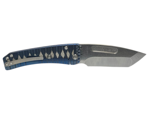 MEDFORD SLIM MIDI S45VN TUM DRAGON TANTO BLADE, BLUE W/WHITE TSUMAMI MAKI WRAP HANDLES, STD HW, BRSH-SILVER CLIP, STD BREAKER