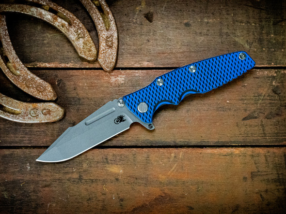 HINDERER EKLIPSE 3.5" MAGNACUT SKINNY FULLERED HARPOON SPANTO TRI-WAY WORKING FINISH STONEWASH BLADE BLUE/BLACK G10