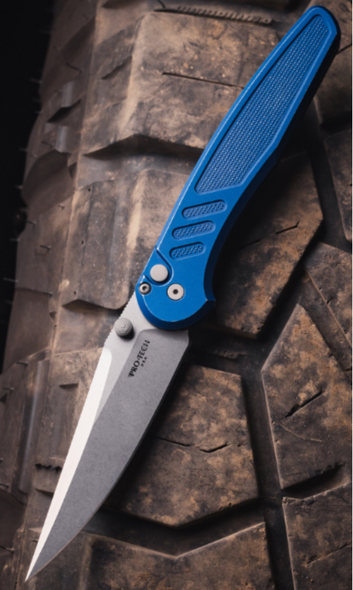 PRO-TECH PN1101-BW BLUE AVALON PEACE NEIGHBOR DESIGN KNURLED BATTLEWORN BLUE ALUMINUM HANDLE, STONEWASH MAGNACUT BLADE WITH DOUBLE THUMB STUDS. BLASTED CLIP