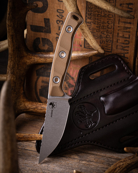 MICROTECH Akris Stonewash Standard G-10 Dark Earth with Dark Chocolate Leather Sheath (95-10DE-1)