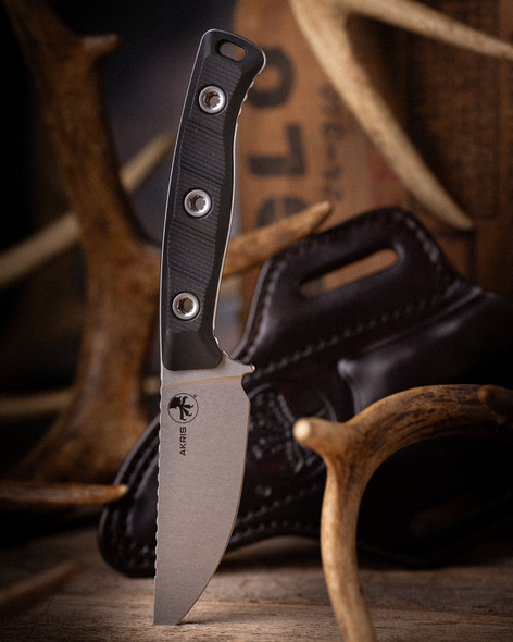 MICROTECH 95-10BK-1 AKRIS G-10 BLACK DARK CHOCOLATE LEATHER SHEATH STONEWASH STANDARD