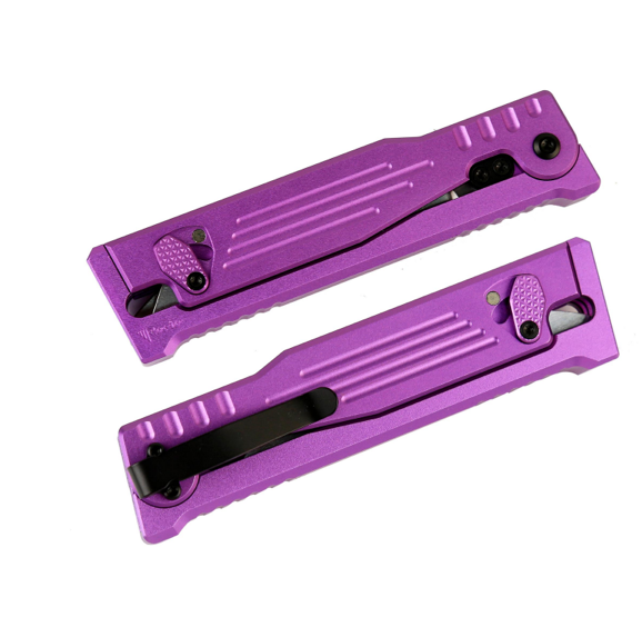 REATE EXO PERFORMANCE GRAVITY KNIFE PURPLE STRIPE PATTERN DOUBLE BLADE NITRO-V STONEWASHED & SATIN SERRATED
