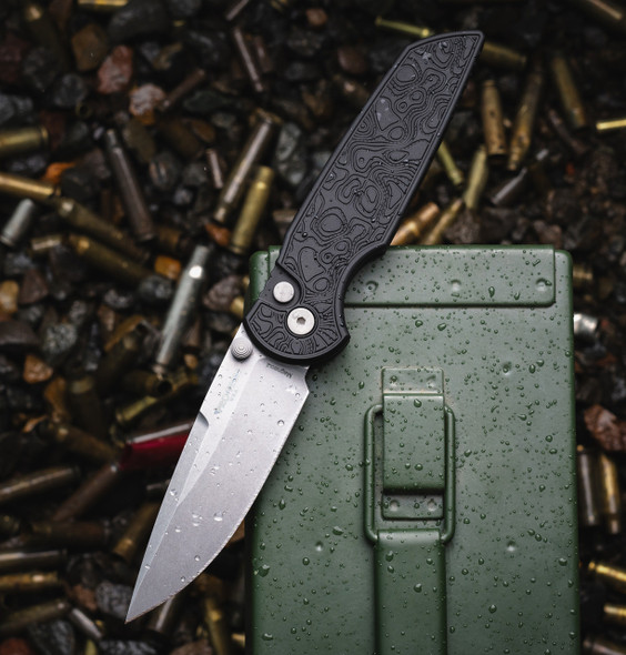 PRO-TECH TR-3 INTEGRITY THUMBSTUD MANUAL TOPOGRAPHIC TEXTURED BLACK HANDLE, STONEWASH MAGANCUT BLADE WITH DOUBLE THUMBSTUDS, BLASTED HARDWARE, WIDE DEEP CARRY POCKET CLIP
