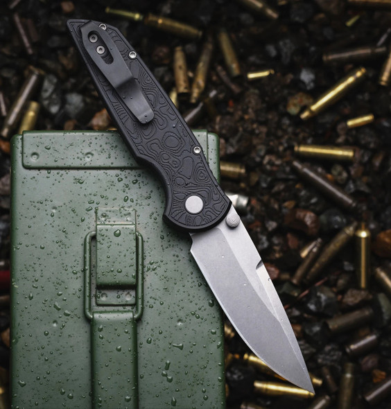 PRO-TECH TR-3 INTEGRITY THUMBSTUD MANUAL TOPOGRAPHIC TEXTURED BLACK HANDLE, STONEWASH MAGANCUT BLADE WITH DOUBLE THUMBSTUDS, BLASTED HARDWARE, WIDE DEEP CARRY POCKET CLIP