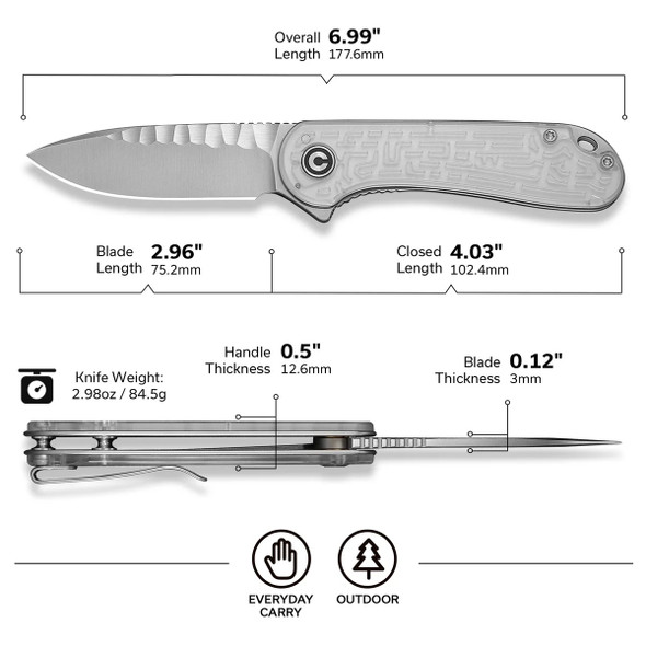 CIVIVI Elementum Flipper Knife Polished Clear Lexan Handle (2.96" Satin Finished Nitro-V Blade With Rock-Grind Pattern) C18062AM-1