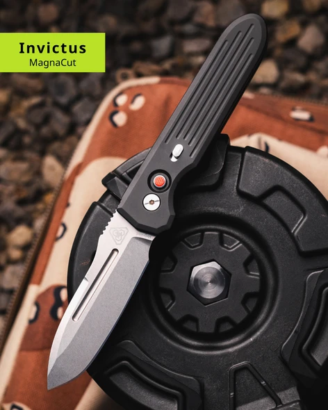 PRO-TECH 1804 PDW INVICTUS AUTO BLACK HANDLE, RED G-10 BUTTON, MAGNACUT, STONEWASH BLADE, STEEL SAFETY, BLACK DEEP CARRY CLIP