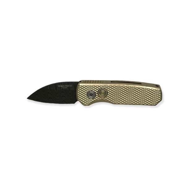 PROTECH R5111-D Runt 5 Blade Show 2022 Textured Bronze AL Handle, Mosaic Button, Chad Nichols Damascus