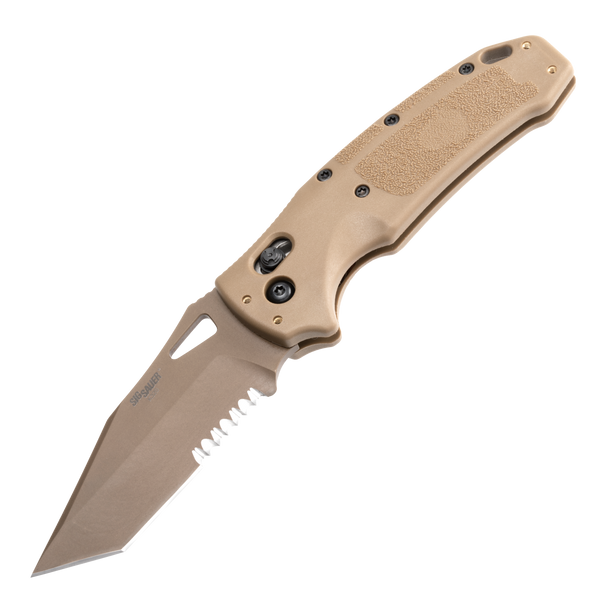 Hogue SIG K320 M17/M18 Manual Folder: 3.5" Tanto Blade (Partially Serrated) - Coyote PVD Finish, Coyote Tan Polymer Frame - 36363