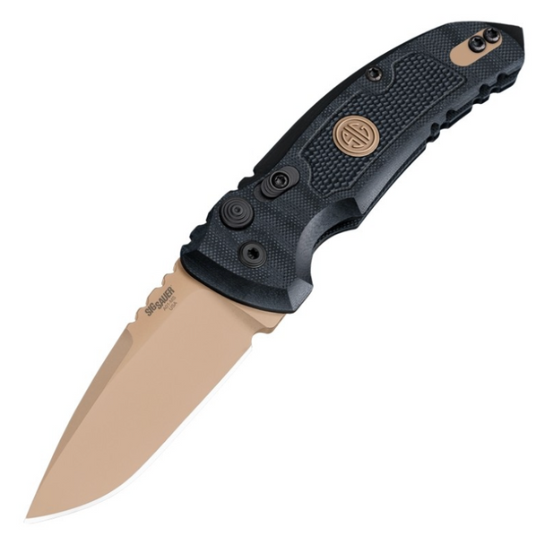 Hogue SIG A01-MicroSwitch Emperor Scorpion Automatic Folder: 2.75" Drop Point Blade - FDE PVD Finish, Solid Black G10 Frame