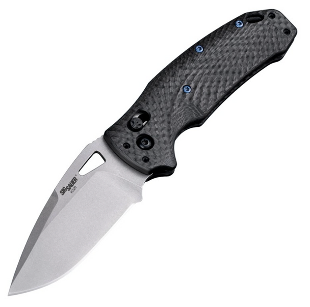 Hogue SIG K320 Manual Folder (Collector Series): 3.5" Drop Point Blade - Tumbled Finish, Black Carbon Fiber Frame Hogue SIG K320 Manual Folder (Collector Series): 3.5" Drop Point Blade - Tumbled Finish, Black Carbon Fiber Frame