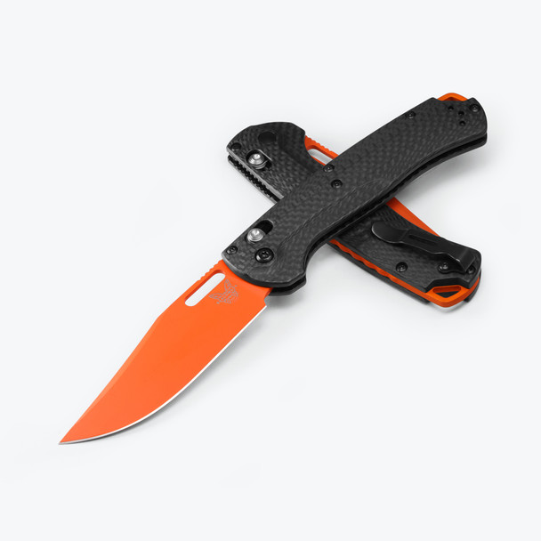 Benchmade 15535OR-1 TAGGEDOUT CPM-MagnaCut Carbon Fiber Handles w/ exposed Orange Anodized Backspacer Lanyard
