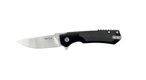 BUCK 0714BKS-B STINGER FRAME LOCK FLIPPER BLACK ALUMINUM AND STEEL HANDLE AND CARBON FIBER INLAY