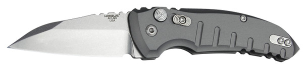 Hogue A01-MicroSwitch Automatic Folder: 2.75" Wharncliffe Blade - Tumbled Finish, Matte Grey Aluminum Frame