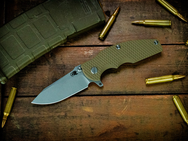 HINDERER KNIVES JURASSIC MAGNACUT SLICER HOLLOW GRIND TRI-WAY BATTLE GREEN OD GREEN G10