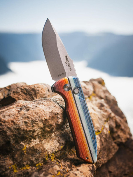 PRO-TECH LG421-MEX-BLANKET SHORT BLADED ROCKEYE G-CARTA MEXICAN BLANKET MICARTA TOP WITH BLACK ALUMINUM BACK, STONEWASH S35VN BLADE, PEARL BUTTON, DEEP CARRY CLIP