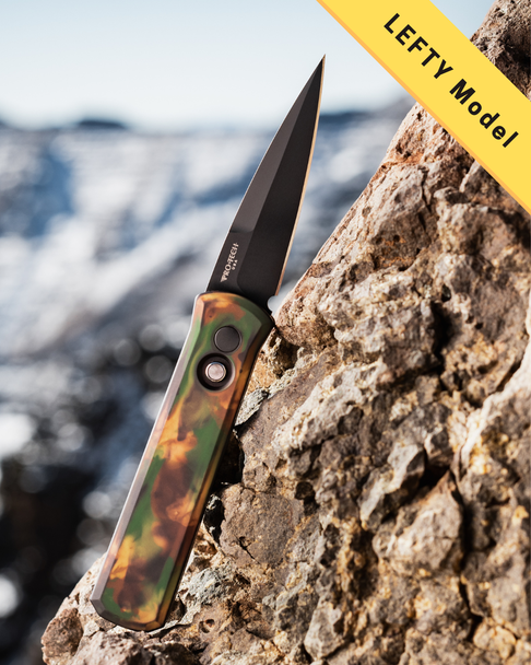 PRO-TECH 721-LH WOODLAND GODSON LEFT HANDED WOODLAND CAMO ANO ALUM HANDLE, DLC BLACK 154CM BLADE, BLACK LIP PEARL BUTTON, DLC BLACK CLIP