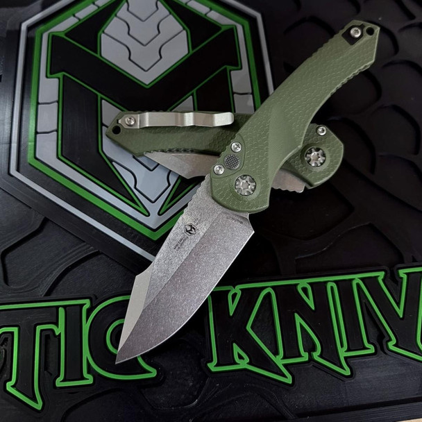 HERETIC KNIVES H054-2A-GRN MINI PARIAH AUTO STONEWASH SE STANDARD OD GREEN CHASSIS