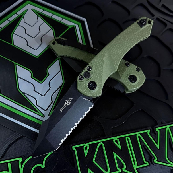 HERETIC KNIVES H055-4C-GRN MINI PARIAH AUTO BLACK TACTICAL TANTO FULL SERRATED