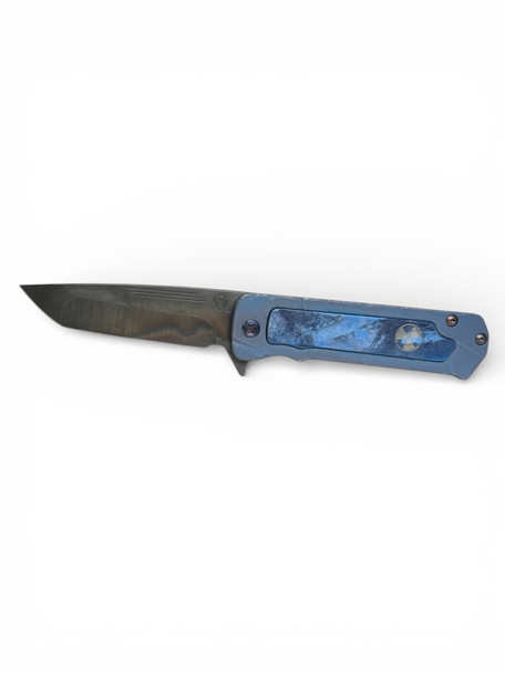 MEDFORD TFF-4 S45VN VULCAN TANTO BLADE, BB/BLUE FALLOUT W/ BLLUE SCORCH INLAY HANDLES, FLM HW, FLM CLIP, ACID DIST BREAKER
