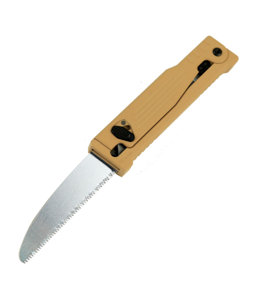 REATE EXO PERFORMANCE GRAVITY KNIFE TAN STRIPE PATTERN DOUBLE BLADE NITRO-V STONEWASHED & SATIN SERRATED