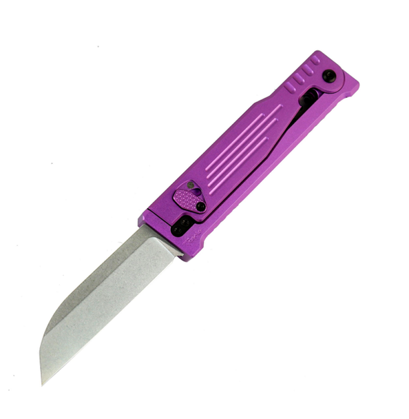 REATE EXO PERFORMANCE GRAVITY KNIFE PURPLE STRIPE PATTERN DOUBLE BLADE NITRO-V STONEWASHED & SATIN SERRATED