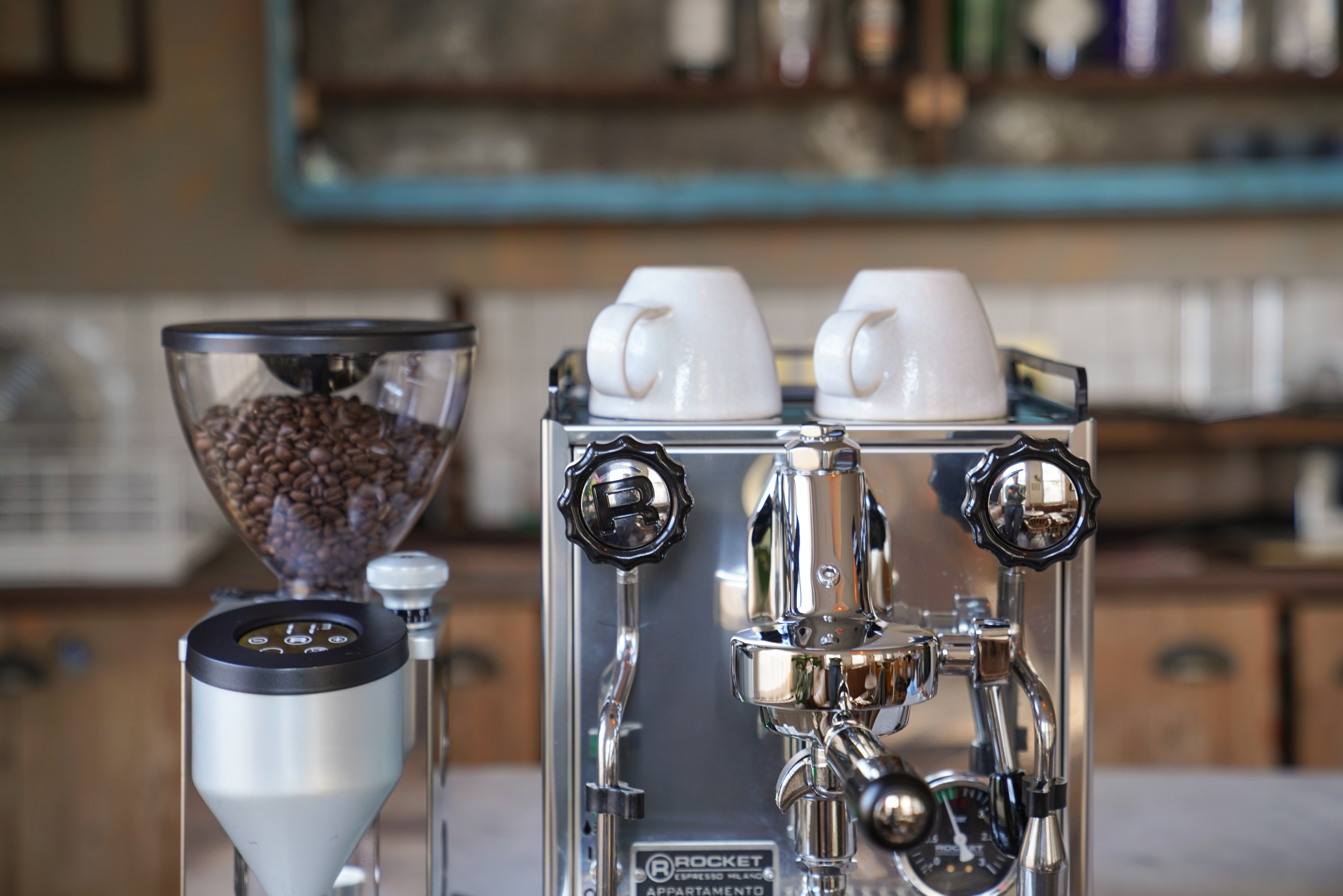 Extract Coffee Roasters Rocket Appartamento Espresso Machine and Rocket Faustino Coffee grinder