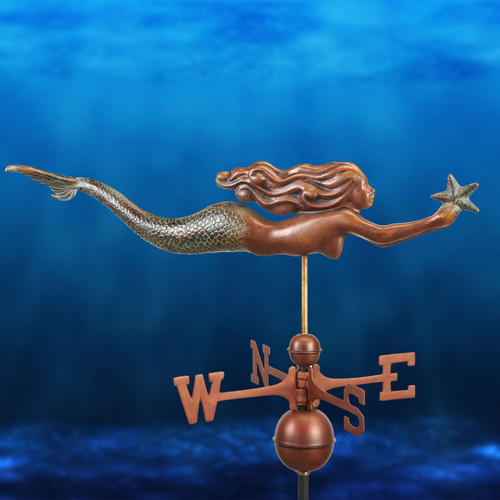 Mermaid with Starfish Weathervane -  Pure Copper Hand Finished Multi-Color Patina by Good Directions