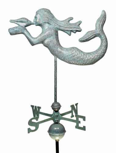 24" Dalvento Mermaid Weathervane- Verdigris Steel with Traditional Directionals and Globes