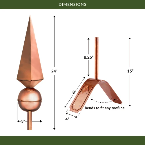Lancelot Polished Copper Rooftop Finial with decorative Copper Roof Mount