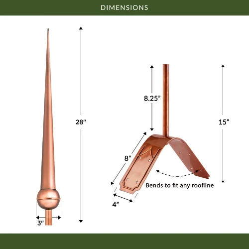 28" Gawain Polished Copper Rooftop Finial with decorative Copper Roof Mount