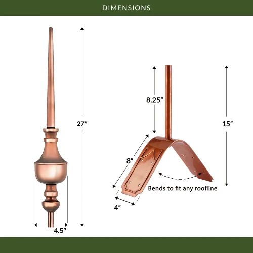 27" Victoria Polished Copper Rooftop Finial with decorative Copper Roof Mount