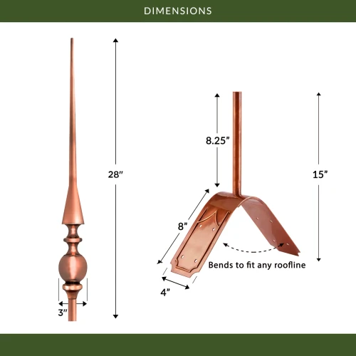 28" Aragon Polished Copper Rooftop Finial with decorative Copper Roof Mount