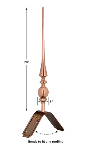 28" Aragon Polished Copper Rooftop Finial with decorative Copper Roof Mount  