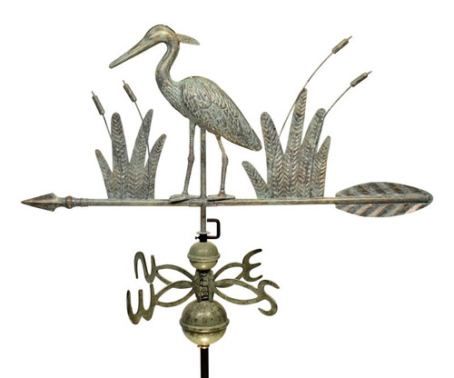 36" Dalvento Standing Heron Weathervane with Scrolled Directionals- Medium Verdigris Aluminum