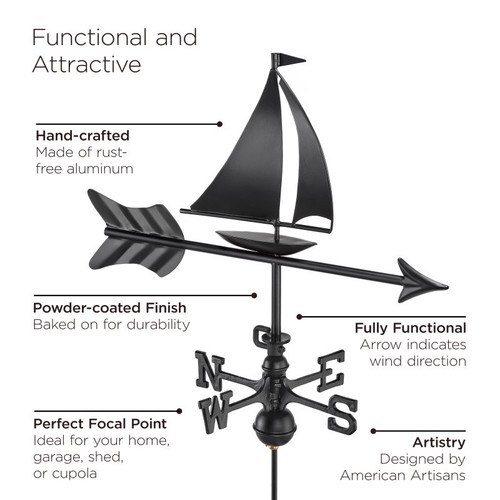 Good Directions 8803KR Modern Farmhouse-Inspired Sailboat Weathervane - Black Finish