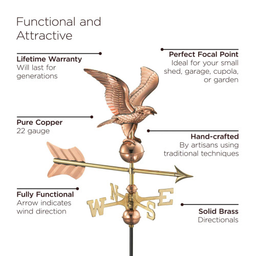 11"  Wingspan Eagle Cottage Weathervane - Pure Copper w/Roof Mount by Good Directions