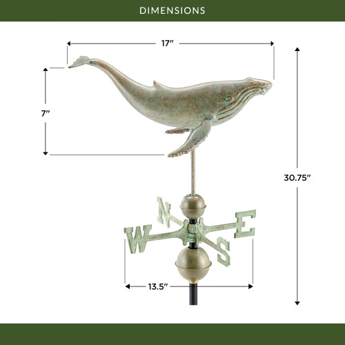 Good Directions Humpback Whale Weathervane, Roof Mount Weather Vane, Blue Verde Copper Finish, Durable Coastal Outdoor Decor