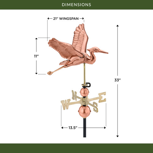 Good Directions Blue Heron Weathervane, Roof Mount Weather Vane, Pure Copper, Durable Garden & Coastal Decor